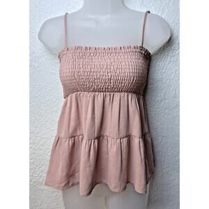 Paper Crane Womens Tiered Smocked Babydoll Blush Pink Tank Top Sz Small Vacation